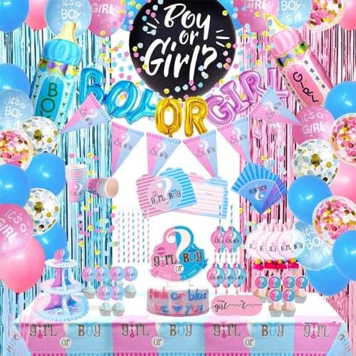 Boy or Girl Gender Reveal Party Decoration Disposable Paper Plate Napkin Cake Topper Baby Shower Latex Confetti Balloons Set