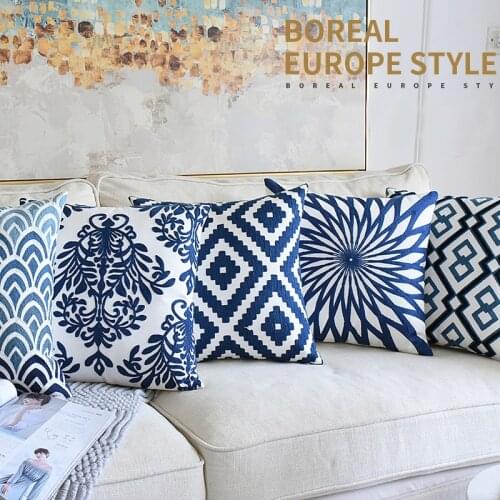 Retro Blue and White Porcela Style Cushion Cover 45X45cm Embroidered Pillow Case Home Living Room Sofa Decor No Core ML07