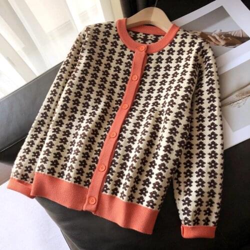 2021 autumn and winter new color matching printed cardigan womens long-sleeved round neck knitted sweater all-match blouse