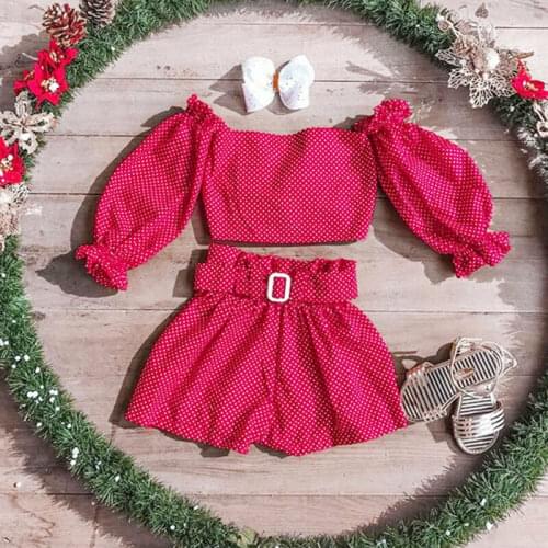 Baby Girl Kids Clothes Red Dots Sets Summer Child Girl Off Shoulder Puff Sleeve Tops Belt Shorts Fashion Girl Clothes 1-5Y