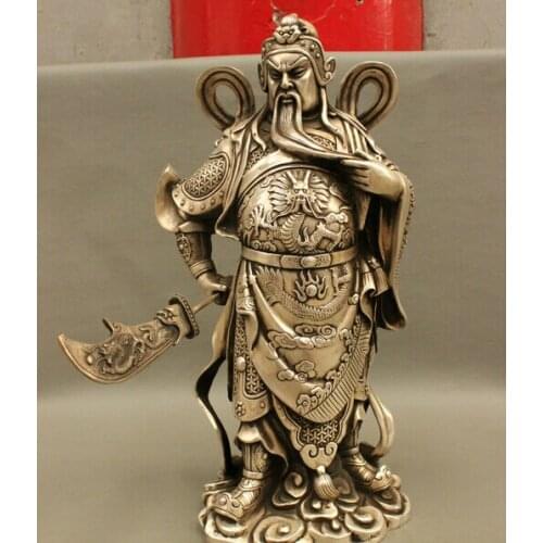 Wholesale factory Folk Chinese Silver Carved Warrior GuanGong Guan Yu God Statue Hold Dragon Sword 25% off