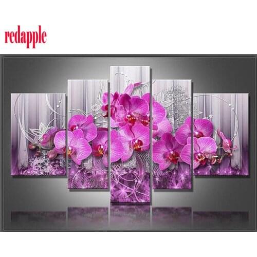 Pink orchid Flower Diamond Embroidery Painting Rhinestone 5pcs Cross Stitch Pattern Home Decoration Mulit Picture Combination