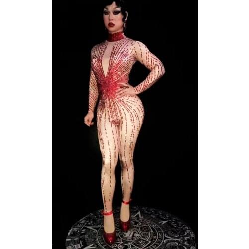 Sexy red fireworks rhinestone elastic jumpsuit nightclub concert singer dancer costume