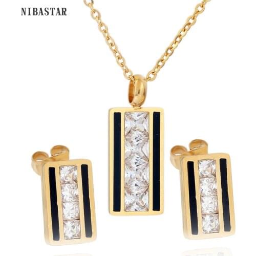 Bride Earring & Necklace Wedding Jewelry Gold-Color Earrings Statement Square with Crystal Necklace for Women Jewelry Sets