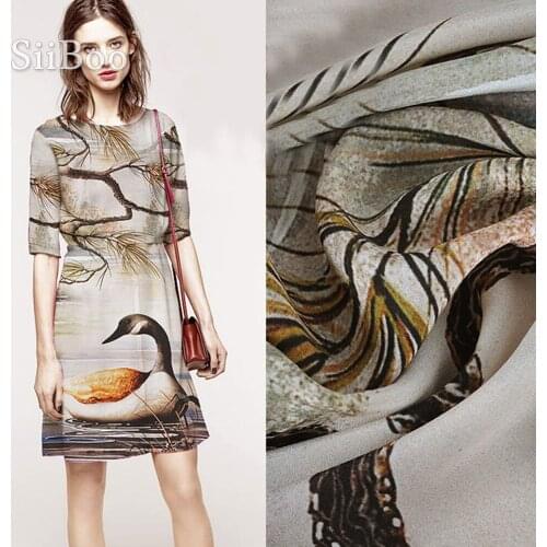 Pastoral gold swan plant positioning print 100% silk crepe de chine fabric apparel for dress natural silk tissu 12mm SP5028