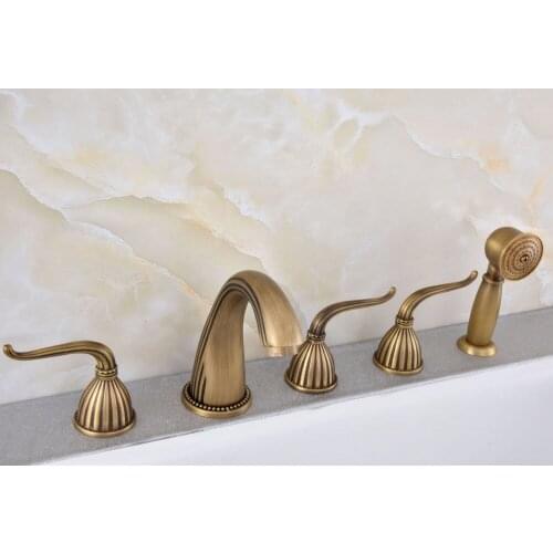 Vintage Retro Antique Brass Widespread 5 Holes Bathroom Roman Tub Bath Faucet with Telephone Style Hand Held Shower Head atf242