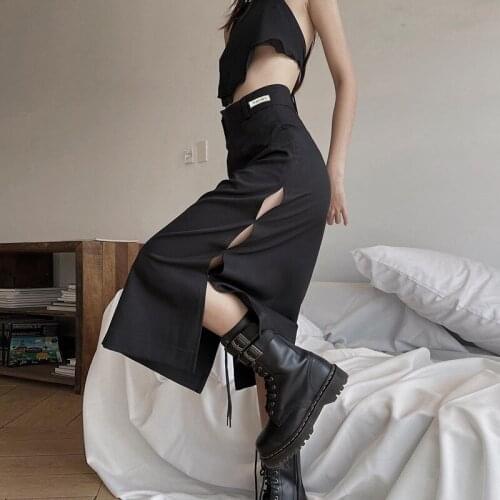 SEASONS Summer Fashion High Waist Slit Knee-Length Skirt Women Simple Office Lady Slim Solid Black Skirt Wild Street ASSK82825