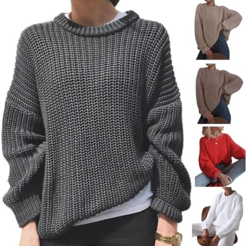 Women Winter Autumn Long Sleeve Sweater Round Neck Simple Solid Color Pullover Tops Casual Loose Chunky Knitted Jumper