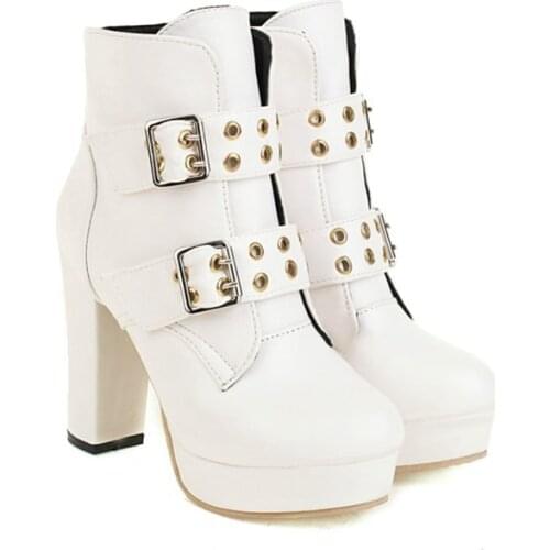High Heels Women Ankle Boots Buckle Strap Fall Winter Platform Ladies Boots Large Size 30-48 Fashion Shoes White Black Pink 8832