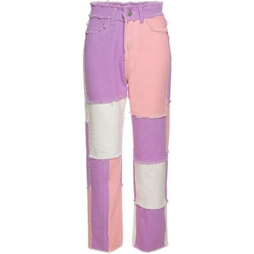 Women’s Korean Style Straight Pencil Denim Jeans Fashion Contrast Color Patchwork Middle Waist Slim Fit Long Pants with Pocket