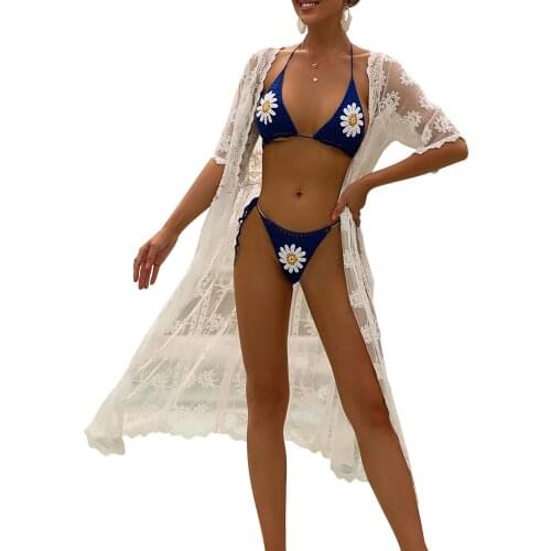 Female Bikini Cover Ups Lace Floral Deep V-Neck Short Sleeve Hollow Out Smock Coat Draw Back Waist Sun Protection Shirt