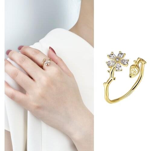 Cute Flower Rings with Zircon Crystal Gold Color Open Adjustable Leaf Ring Women Wedding Engagement Jewelry Romantic Girls Gifts