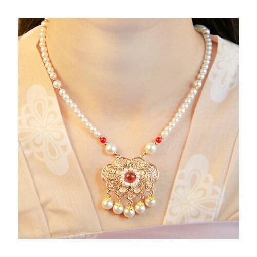 Womens Pearl Necklace with Tassel Pendant Elegant Hanfu Accessories Charm Jewelry Necklace for Wedding Party BH
