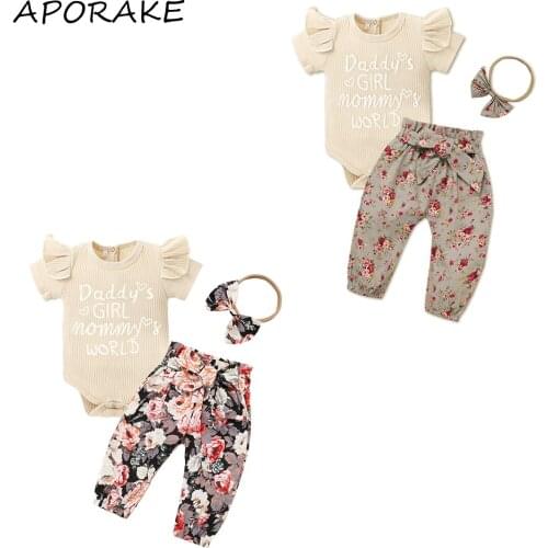 2021 0-12M Newborn Baby Girl Clothing DADDY GIRL MOMMY WORLD Letter Embroidery Short Sleeve Romper+Floral Bow Pants+Headband Set