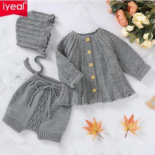 IYEAL 2020 Baby Sweaters Long Sleeve Knitted Sweater Newborn Boys Girls Outfits Tops Sweater + Pant + Hat Infant Clothing 3PCS
