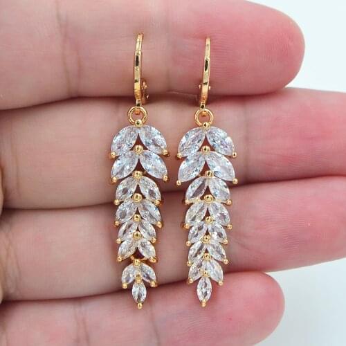 AAA+ Cubic Zirconia Gold Color Fashion Women Luxury Clear CZ Leaf Wedding Earrings Jewelry