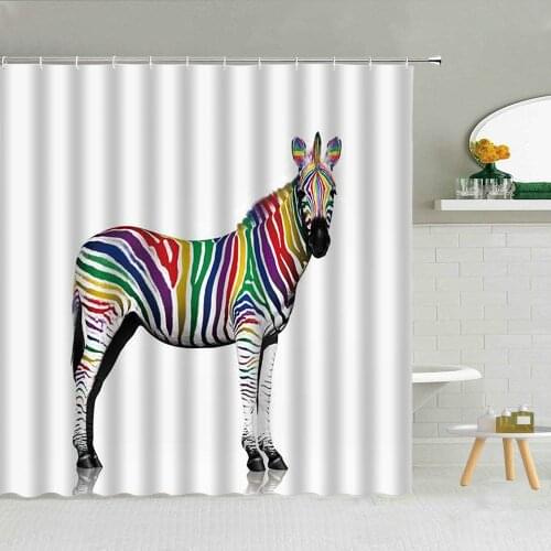 Colored Striped Zebra Shower Curtain Funny Zoo Jungle Animal Bathroom Decor Accessories Waterproof Cloth Curtains With Hooks Set