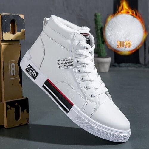 Vulcanized Leather Shoes Mens High Top White Sneakers Youth Boys Winter Casual Plush Sports Shoes Man Tenis Sneaker Gym Shoes