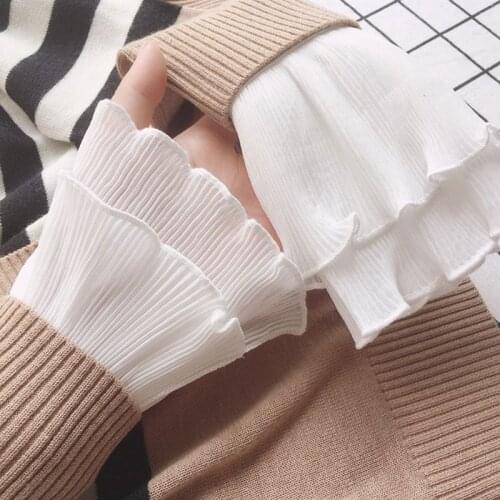 Japanese Women Layered Ribbed Striped Horn Cuffs Agaric Ruffles Wrinkled Solid Color Detachable Fake Sleeve Wrist Warmer