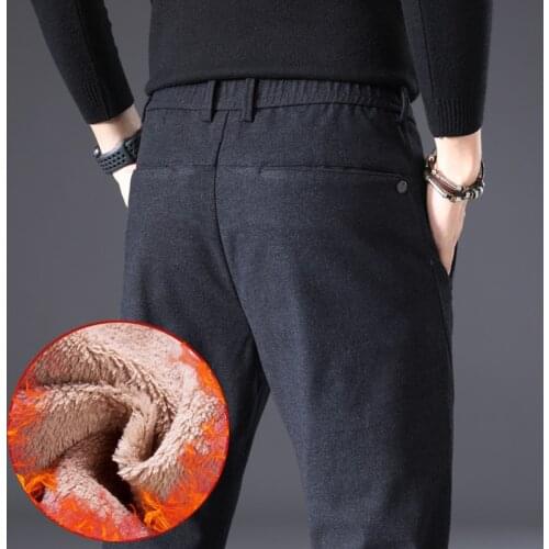 Mens winter Fleece Fluff Thicken warm Casual Pants men Business Straight Elastic Thick cotton trousers male free shipping