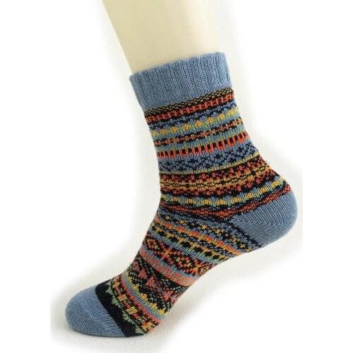 Womens Girls Blue Vintage Winter Soft Warm Thickened Wool In Tube Knit Colorful Stripe Printing Socks Gift