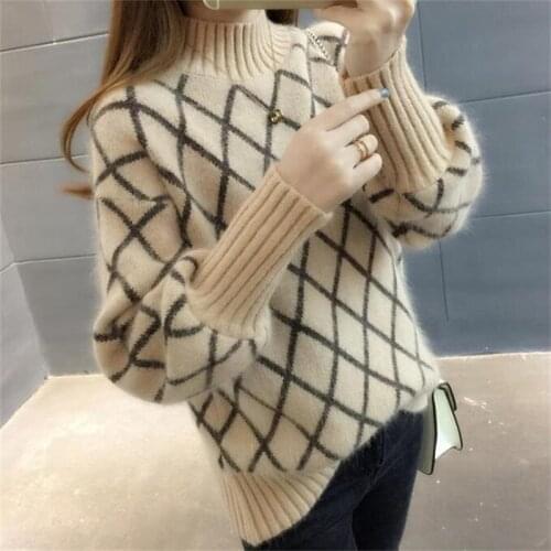 JMPRS 2021 New Arrival Womens Spring Autumn Diamond Lattice Turtleneck Knitted Sweaters Women Casual Pulllovers Sweater