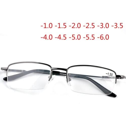 -1.0 -1.5 -2.0 To -6.0 Ultralight Half Frame Metal Finished Myopia Glasses Men Fashion Black Frame Square Nearsighted Glasses