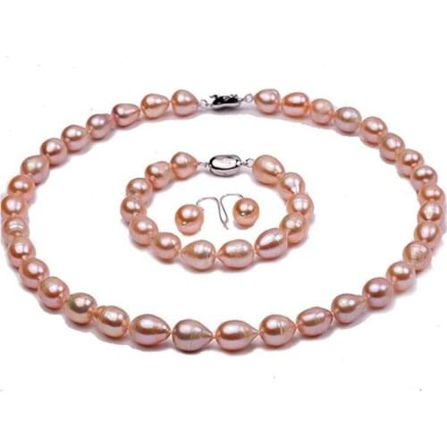 Jewelry Set Natural Oval 9-10mm Pink Freshwater Pearl Necklace Bracelet and Earrings Set
