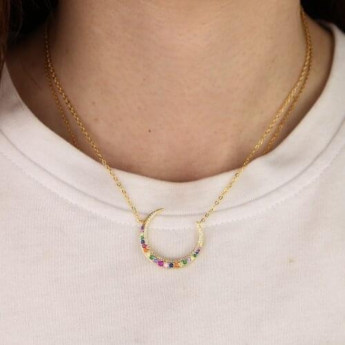 2019 new arrived lucury AAA cubic zirconia CZ jewelry Crescent Moon pendant charming rainbow colorful cz gorgeous necklace