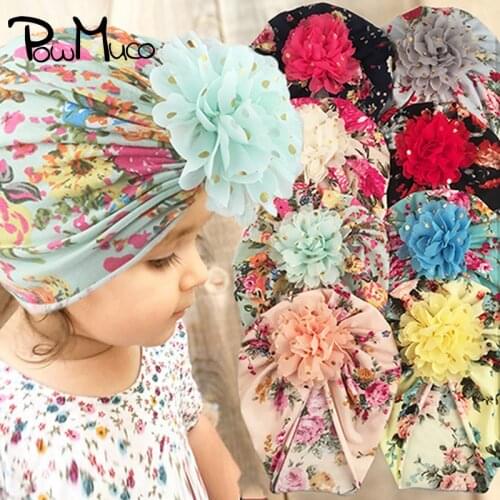 Powmuco 1 PCS Vintage Print Polyester Cotton Baby Girls Indian Hat Cute Gold Dots Flowers Toddler Cap Infant Clothing Decoration