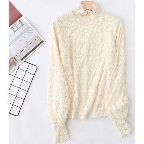 Plus size Lace Turtleneck collar warm fleece inside women pullovers blouse 2021 new winter thick black white cream tops female