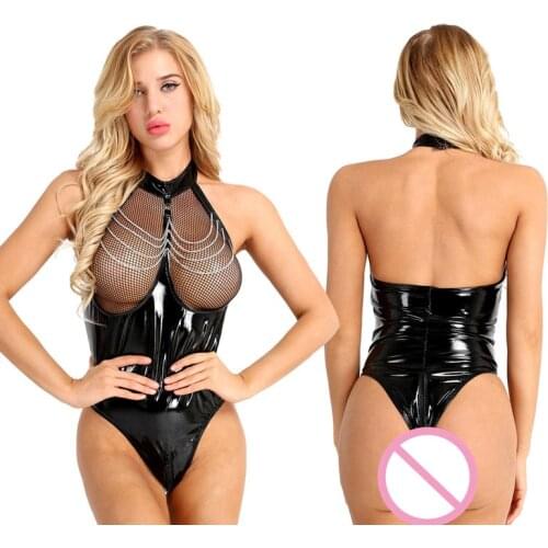 Sexy Costume Erotic Lingerie Women Underwear Pvc Metal Decoration Latex Catsuit Zipper Open Crotch Mesh Lace Lady Sexy Bodysuit