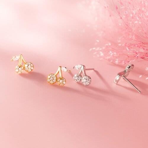 Real 925 Sterling Silver Zircon Cherry Fruits Stud Earring For Fashion Women Party Cute Fine Jewelry Minimalist Accessories Gift