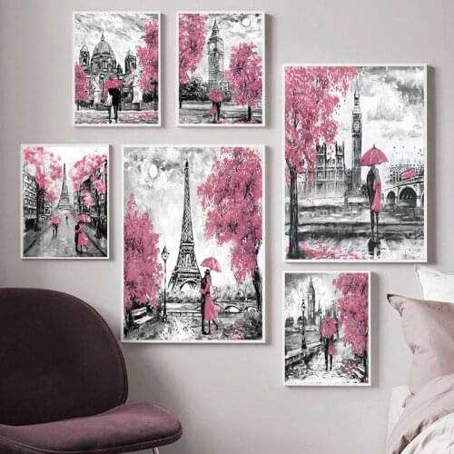 Modern City Pink Scenery Wall Art Poster Print Couple Umbrella Nordic Home Picture Trees Canvas Painting for Living Room Decor