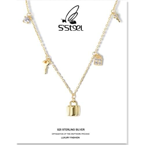 SSTEEL Zircon Necklaces Gift For Women Sterling Silver Lock Shape Geometric Design Fashion Pendants Necklace Fine Jewellery