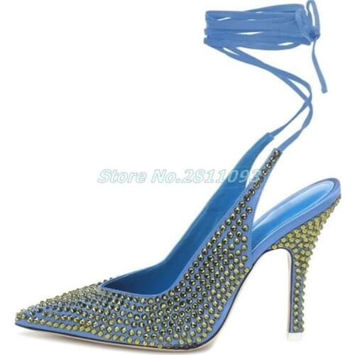 2021 Crystal Lace Up Pumps Thin High Heel Sexy Pointed Toe Ankle Strap New Arrivals Dress Women High Heel Shoes Solid Pumps