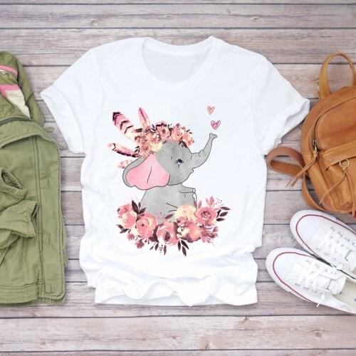 Women Cartoon Kawaii Aesthetic Elephant Flower Love 90s Print Lady T-shirts Top Womens Graphic T Shirt Ladies Female Tee T-Shirt
