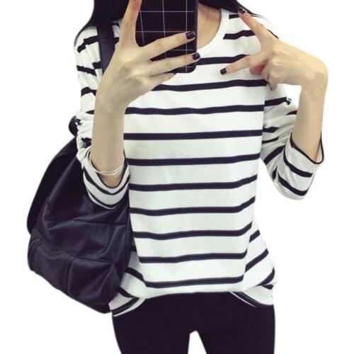 Women Autumn Shirt Stripes Hoodies Sweatshirts Casual Navy Black White Striped Thin Bottoming T-shirts
