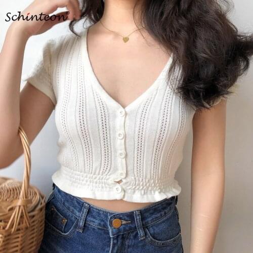 Schinteon Women T Shirt Knitted Top Solid V-Neck Collar Puff Sleeve Sexy Short Sleeve Cardigan Ruffle Hollow out Shirt