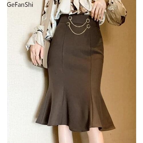 New 2021 Autumn Winter Skirt Solid Fashion Womens Trumpet Skirt Office Ladies Elegant Formal High Waist Button Chain Skirt