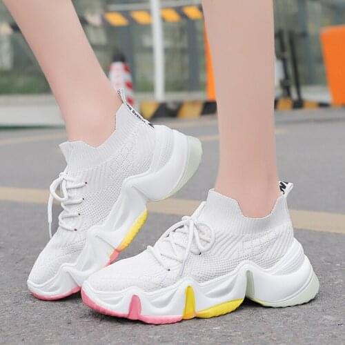 2020 Women Sock Sneakers PU Big Sole Running Shoes Colorful Rainbow Women Platform Walking Shos Soft Fashion Girl Shoes Weaving