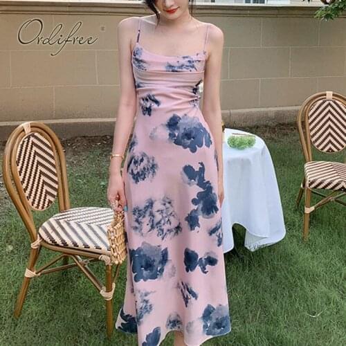 Ordifree 2021 Summer Women Satin Slip Dress Floral Print Vintage Flower Sexy Backless Party Dress
