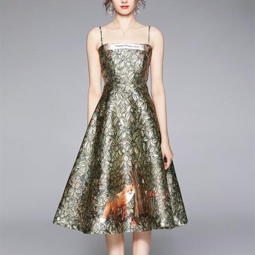 Menahem 2021 Summer Runway Green Floral Dress Women Sexy Spaghetti Strap Backless Zipper Animal Flower Print Elegant Vestidos