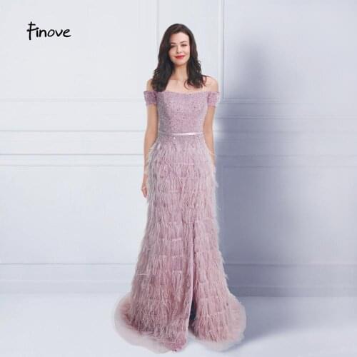 Finove Evening Dress Off The Shoulder Beading With Feathers A line Floor Length Party Gowns Woman Dress Plus Size