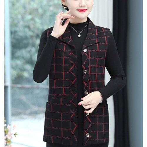 #0780 Plaid Vest Coat Women Laple Collar Casual Vest Waistcoat Women Middle Age Short Sleeveless Jacket Vintage Female Vest Slim