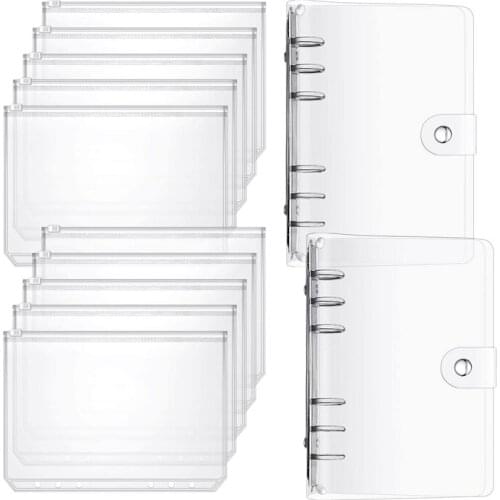 10Pcs A5 Size Binder Pocket 6 Holes Clear PVC Zipper Binder Pockets Loose Leaf Bag Zip Envelopes with 2 Pieces A5 Binder