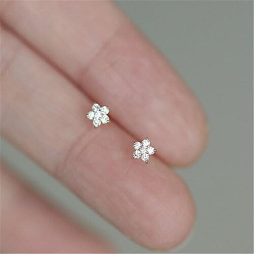 12Pairs/lot Five Petal Flower Stud Earrings Crystal Micro-Inlay Stud Earring for Women 925 Silver