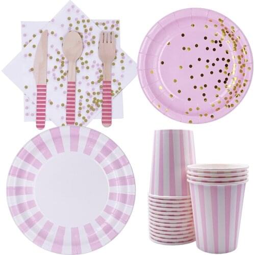 128Pcs/Set Striped Disposable Tableware Paper Plate Baby Shower Birthday Party Cake Tray Serve for 16 Person