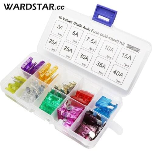 50pcs Standard ATO ATC Auto Car Blade Fuse Assortment Kit 10 Values Each 10pcs Using For Car Motorcycle (mid-sized)