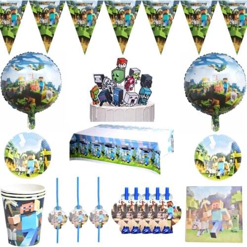 90pcs/lot game Theme Napkins Tablecloth Happy Birthday Party Plates Cups Decorate Flags Kids Boys Favors Straws Cake Toppers